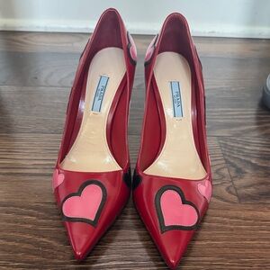 Prada Red Heels with Pink Heart Accents